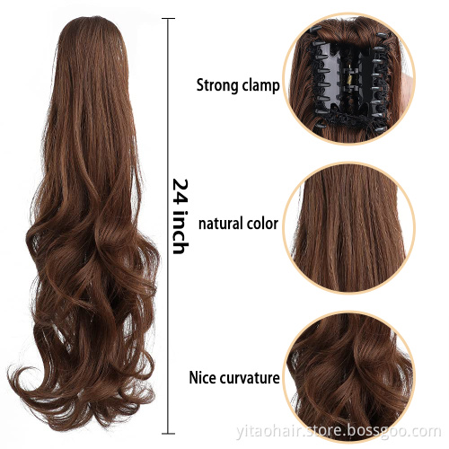 Long Wavy Light Brown Ponytail Claw Hair 24 Inch Long Wave Ponytail Extension Synthetic Wrap Around Drawstring Hair with 1Clips